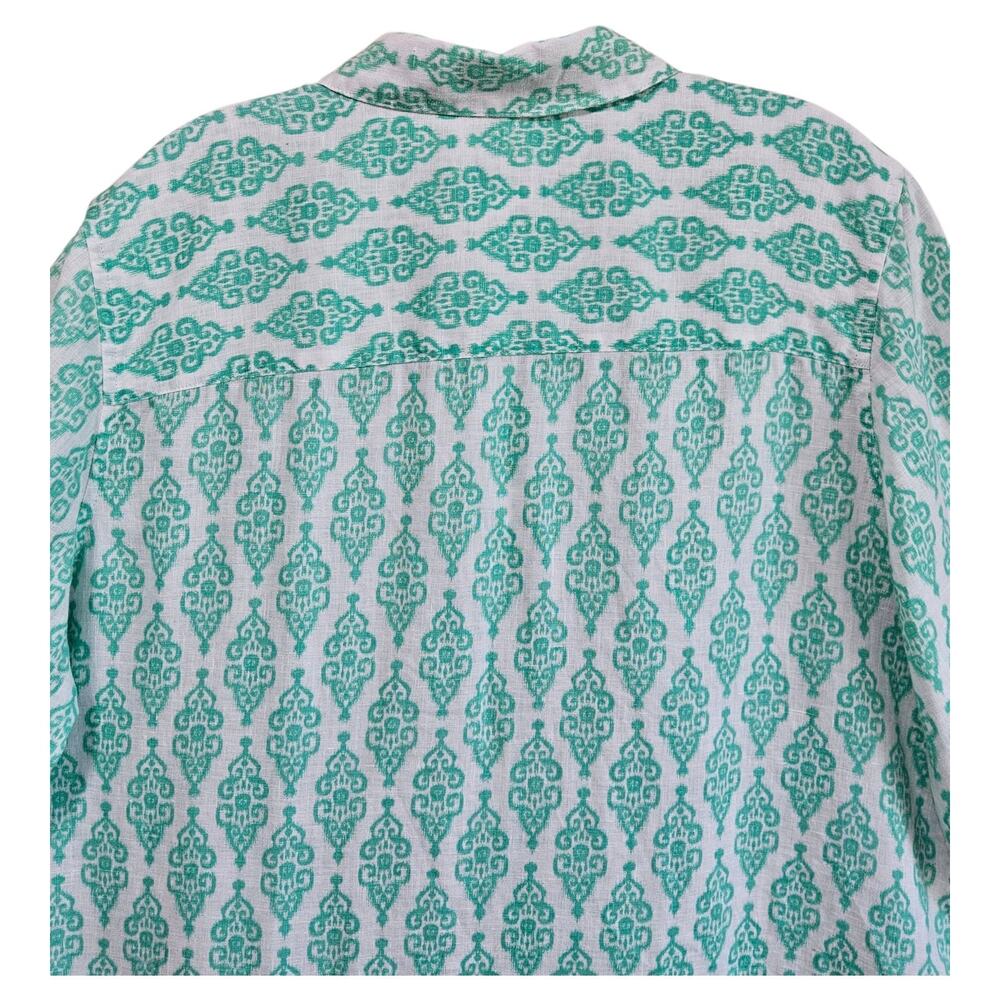 CHICO'S 3 Women XL Linen Tunic Blouse Button Up Teal White Medallion Coastal 44" - Picture 6 of 8
